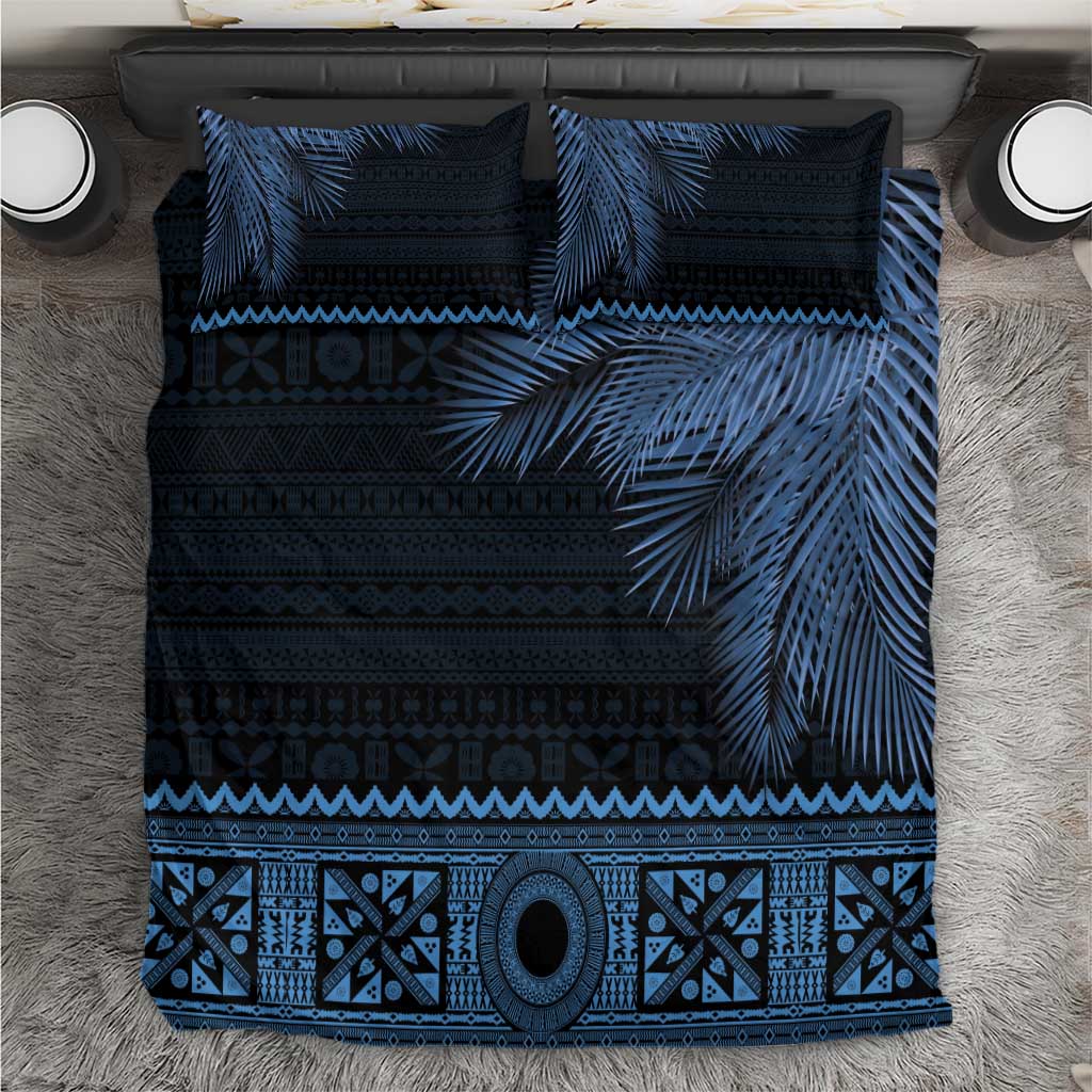 Fiji Palm Leaves Bedding Set Masi and Tapa Tribal Pattern Blue Color