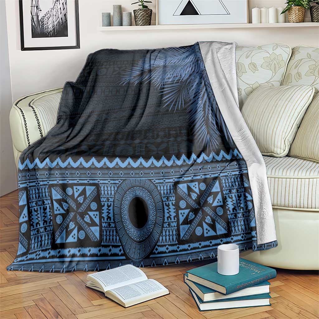 Fiji Palm Leaves Blanket Masi and Tapa Tribal Pattern Blue Color