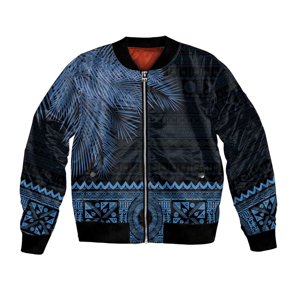 Fiji Palm Leaves Bomber Jacket Masi and Tapa Tribal Pattern Blue Color