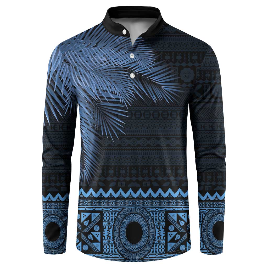 Fiji Palm Leaves Button Sweatshirt Masi and Tapa Tribal Pattern Blue Color