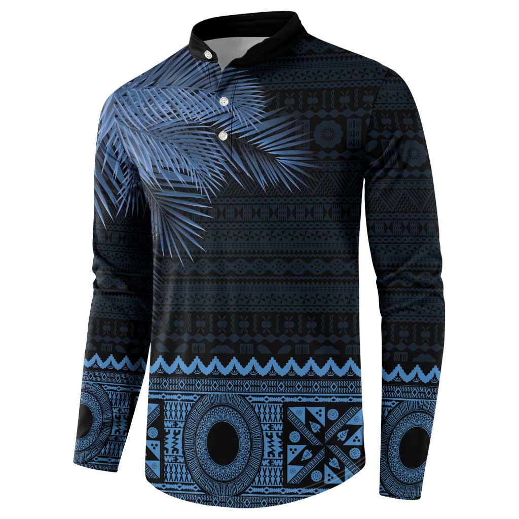 Fiji Palm Leaves Button Sweatshirt Masi and Tapa Tribal Pattern Blue Color