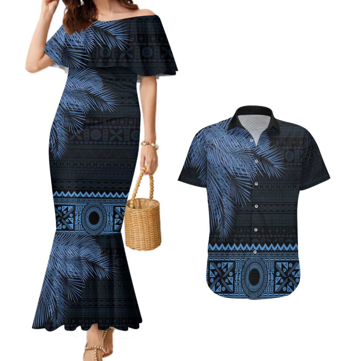 Fiji Palm Leaves Couples Matching Mermaid Dress and Hawaiian Shirt Masi and Tapa Tribal Pattern Blue Color