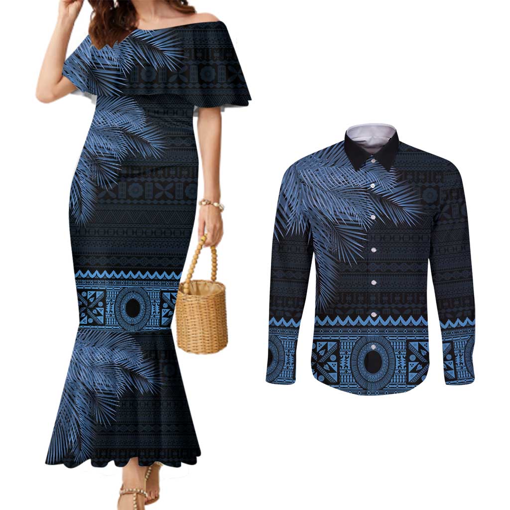 Fiji Palm Leaves Couples Matching Mermaid Dress and Long Sleeve Button Shirt Masi and Tapa Tribal Pattern Blue Color