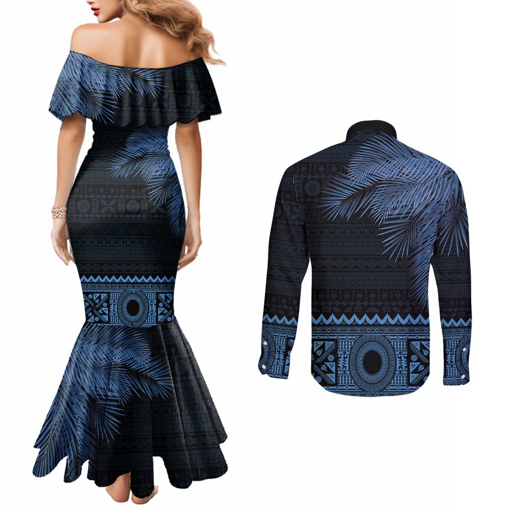 Fiji Palm Leaves Couples Matching Mermaid Dress and Long Sleeve Button Shirt Masi and Tapa Tribal Pattern Blue Color