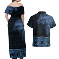 Fiji Palm Leaves Couples Matching Off Shoulder Maxi Dress and Hawaiian Shirt Masi and Tapa Tribal Pattern Blue Color
