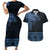 Fiji Palm Leaves Couples Matching Short Sleeve Bodycon Dress and Hawaiian Shirt Masi and Tapa Tribal Pattern Blue Color