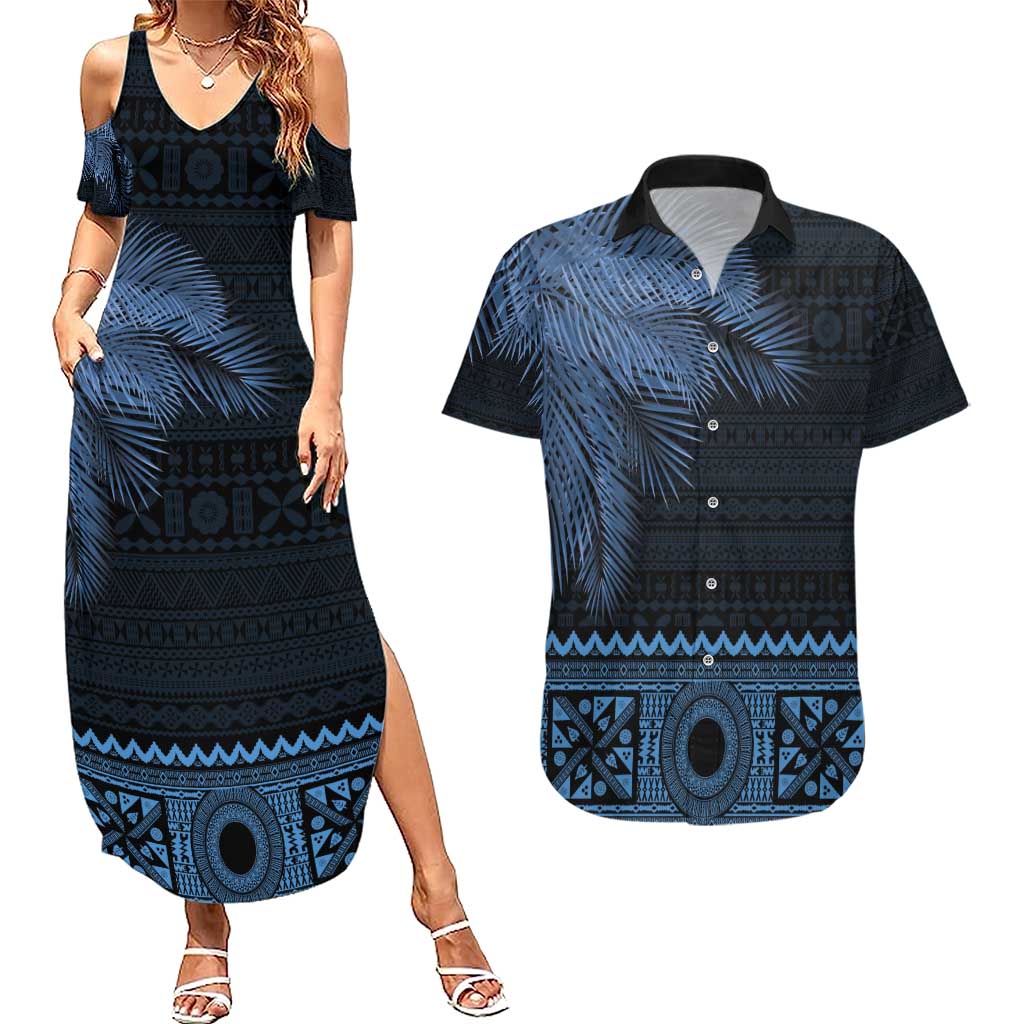 Fiji Palm Leaves Couples Matching Summer Maxi Dress and Hawaiian Shirt Masi and Tapa Tribal Pattern Blue Color