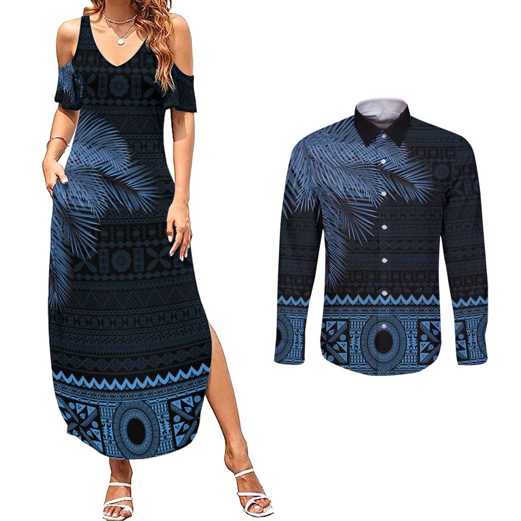 Fiji Palm Leaves Couples Matching Summer Maxi Dress and Long Sleeve Button Shirt Masi and Tapa Tribal Pattern Blue Color