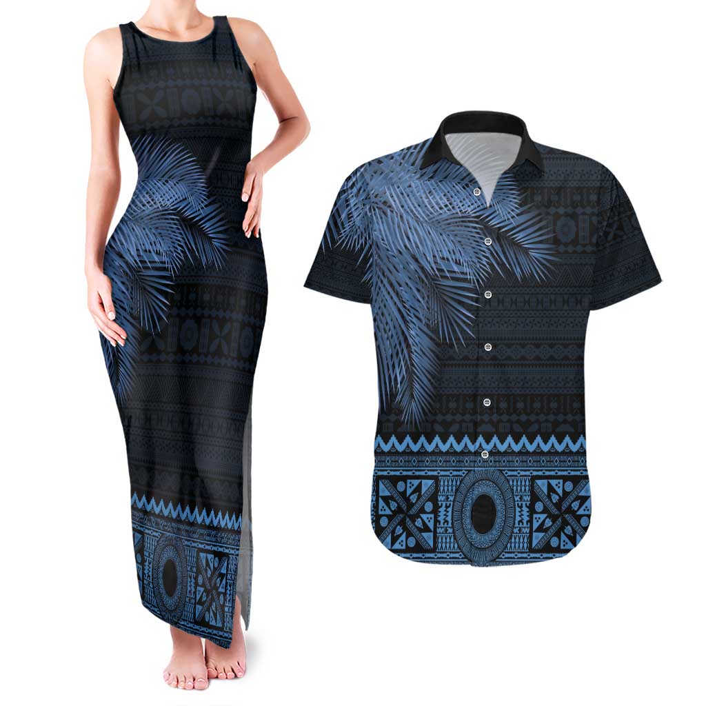 Fiji Palm Leaves Couples Matching Tank Maxi Dress and Hawaiian Shirt Masi and Tapa Tribal Pattern Blue Color