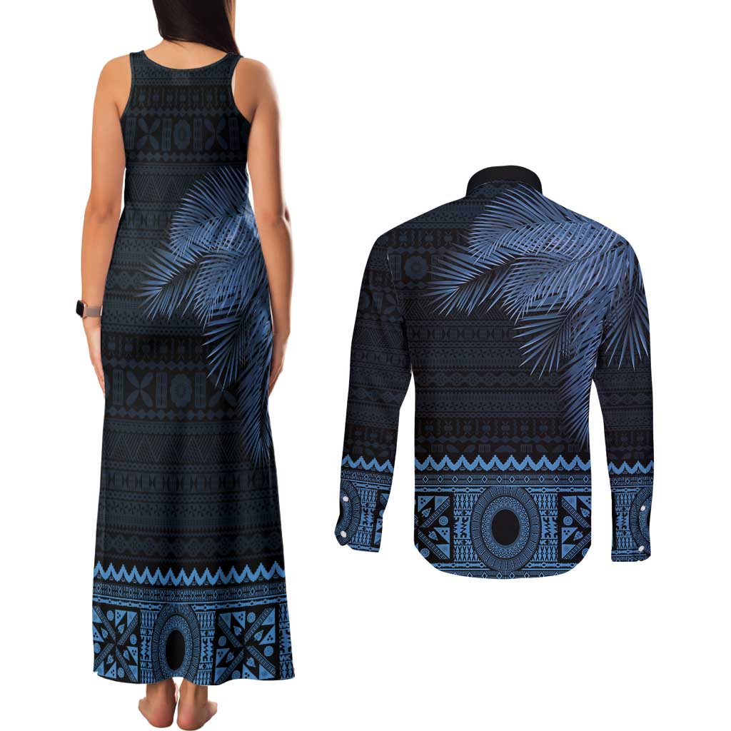 Fiji Palm Leaves Couples Matching Tank Maxi Dress and Long Sleeve Button Shirt Masi and Tapa Tribal Pattern Blue Color