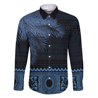 Fiji Palm Leaves Family Matching Long Sleeve Bodycon Dress and Hawaiian Shirt Masi and Tapa Tribal Pattern Blue Color