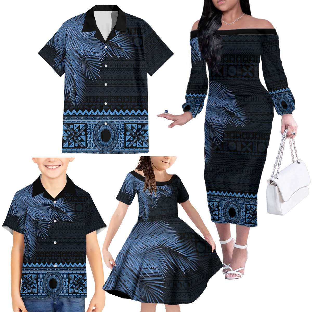 Fiji Palm Leaves Family Matching Off The Shoulder Long Sleeve Dress and Hawaiian Shirt Masi and Tapa Tribal Pattern Blue Color