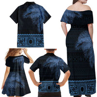 Fiji Palm Leaves Family Matching Off Shoulder Maxi Dress and Hawaiian Shirt Masi and Tapa Tribal Pattern Blue Color
