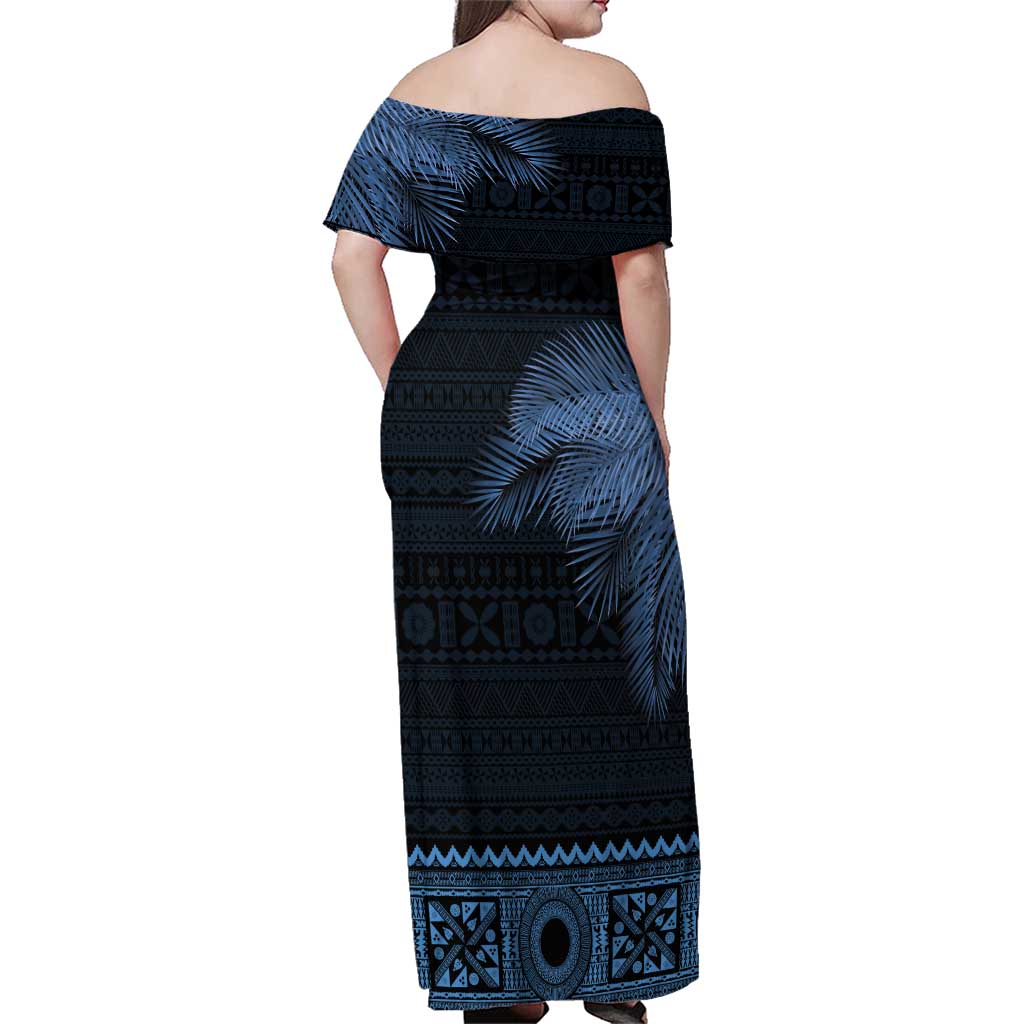 Fiji Palm Leaves Family Matching Off Shoulder Maxi Dress and Hawaiian Shirt Masi and Tapa Tribal Pattern Blue Color