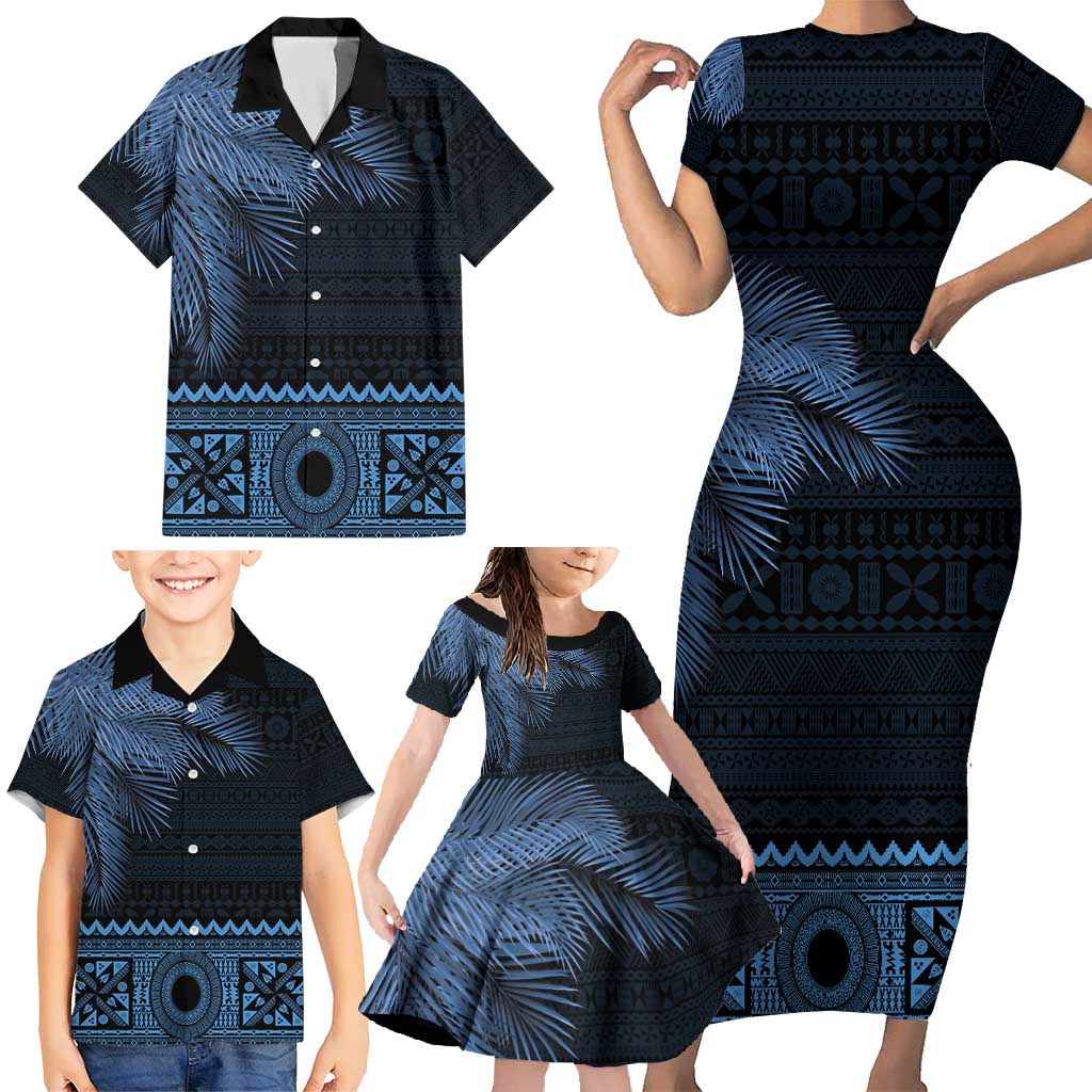 Fiji Palm Leaves Family Matching Short Sleeve Bodycon Dress and Hawaiian Shirt Masi and Tapa Tribal Pattern Blue Color