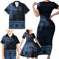 Fiji Palm Leaves Family Matching Short Sleeve Bodycon Dress and Hawaiian Shirt Masi and Tapa Tribal Pattern Blue Color