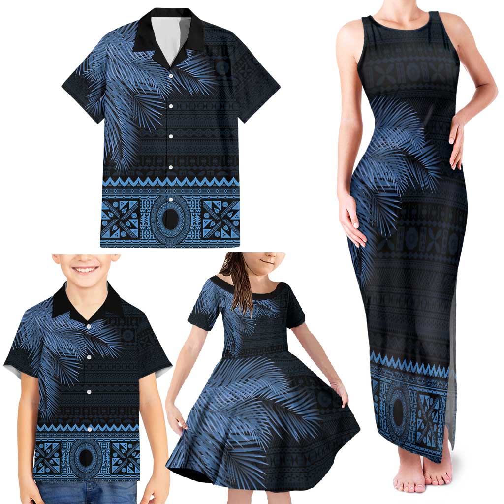 Fiji Palm Leaves Family Matching Tank Maxi Dress and Hawaiian Shirt Masi and Tapa Tribal Pattern Blue Color