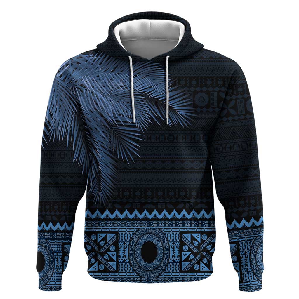 Fiji Palm Leaves Hoodie Masi and Tapa Tribal Pattern Blue Color