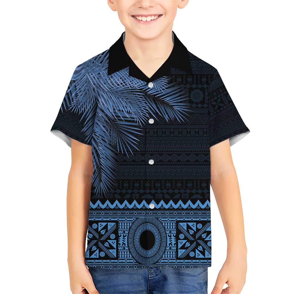 Fiji Palm Leaves Kid Hawaiian Shirt Masi and Tapa Tribal Pattern Blue Color