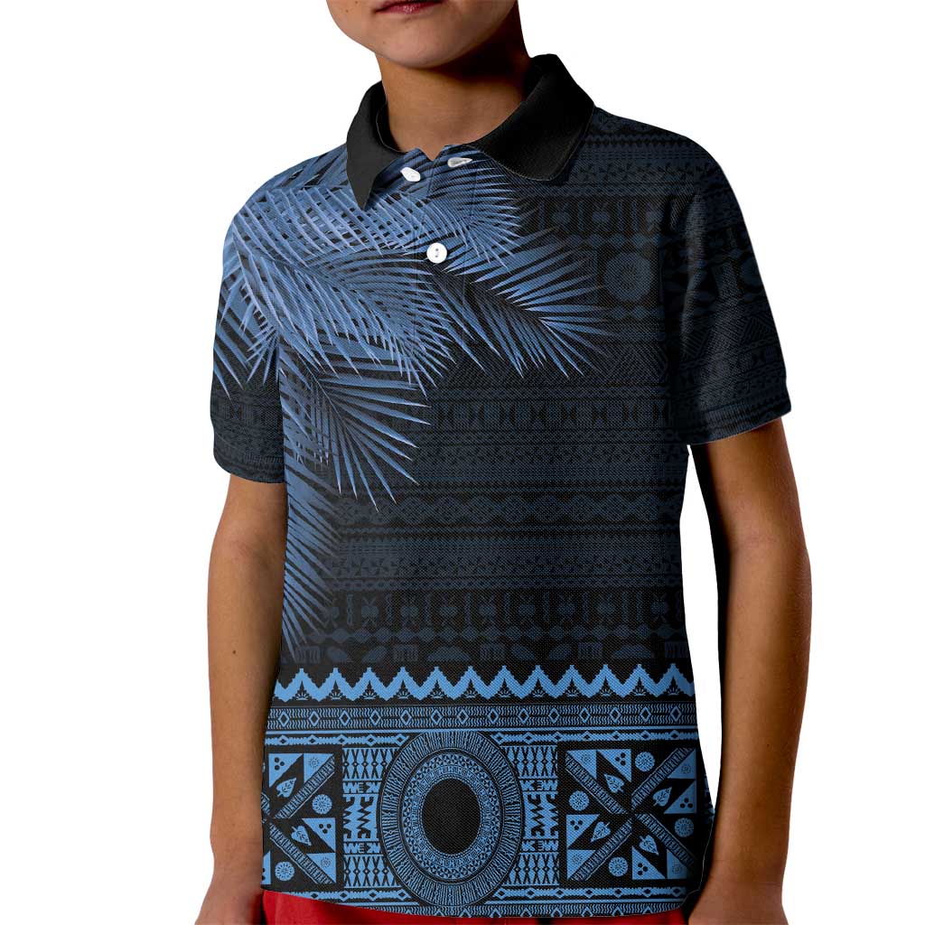 Fiji Palm Leaves Kid Polo Shirt Masi and Tapa Tribal Pattern Blue Color