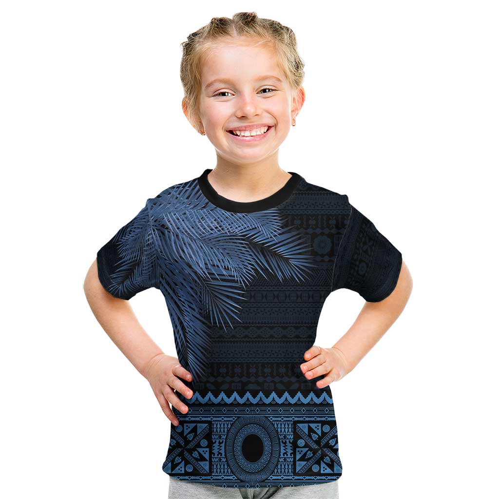 Fiji Palm Leaves Kid T Shirt Masi and Tapa Tribal Pattern Blue Color