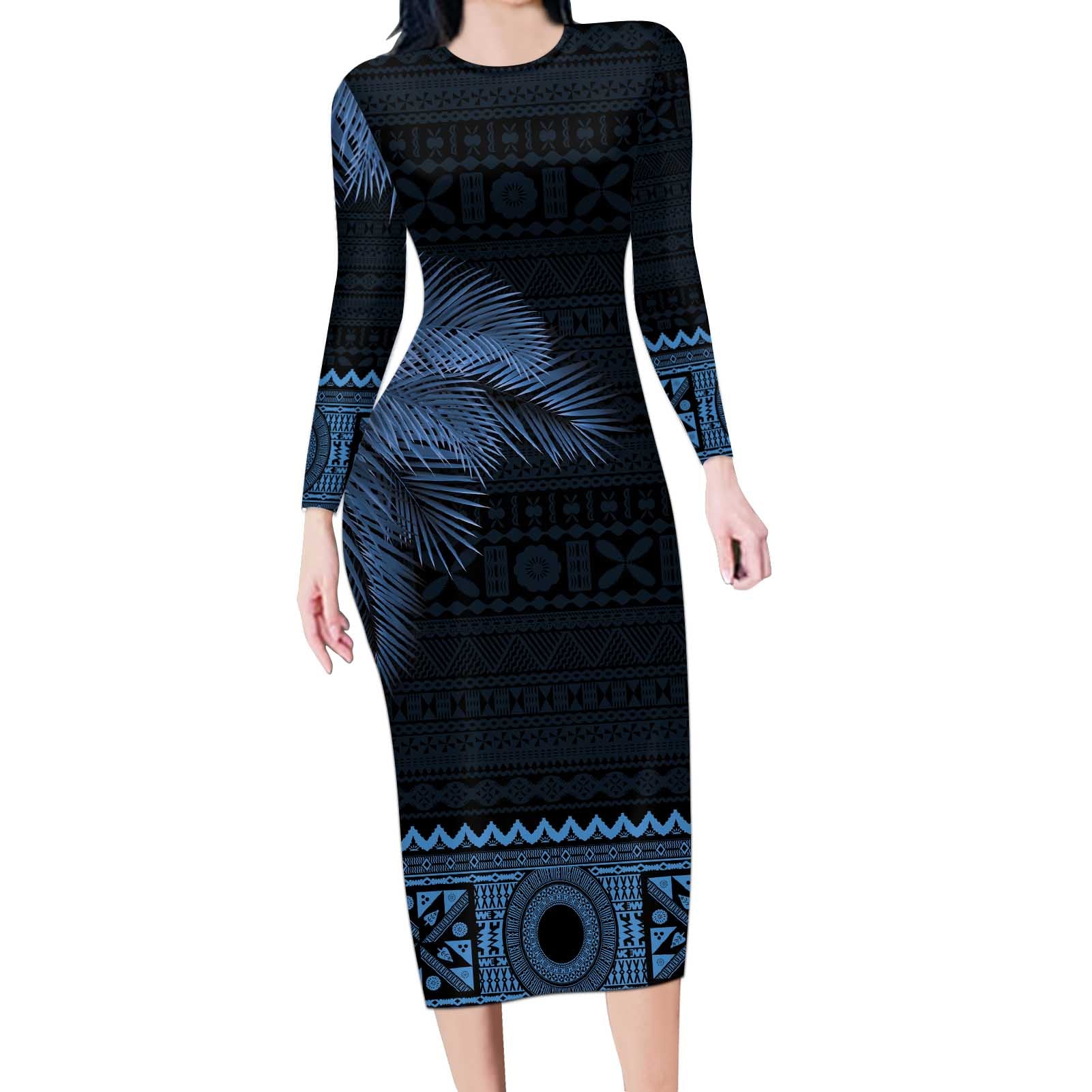 Fiji Palm Leaves Long Sleeve Bodycon Dress Masi and Tapa Tribal Pattern Blue Color