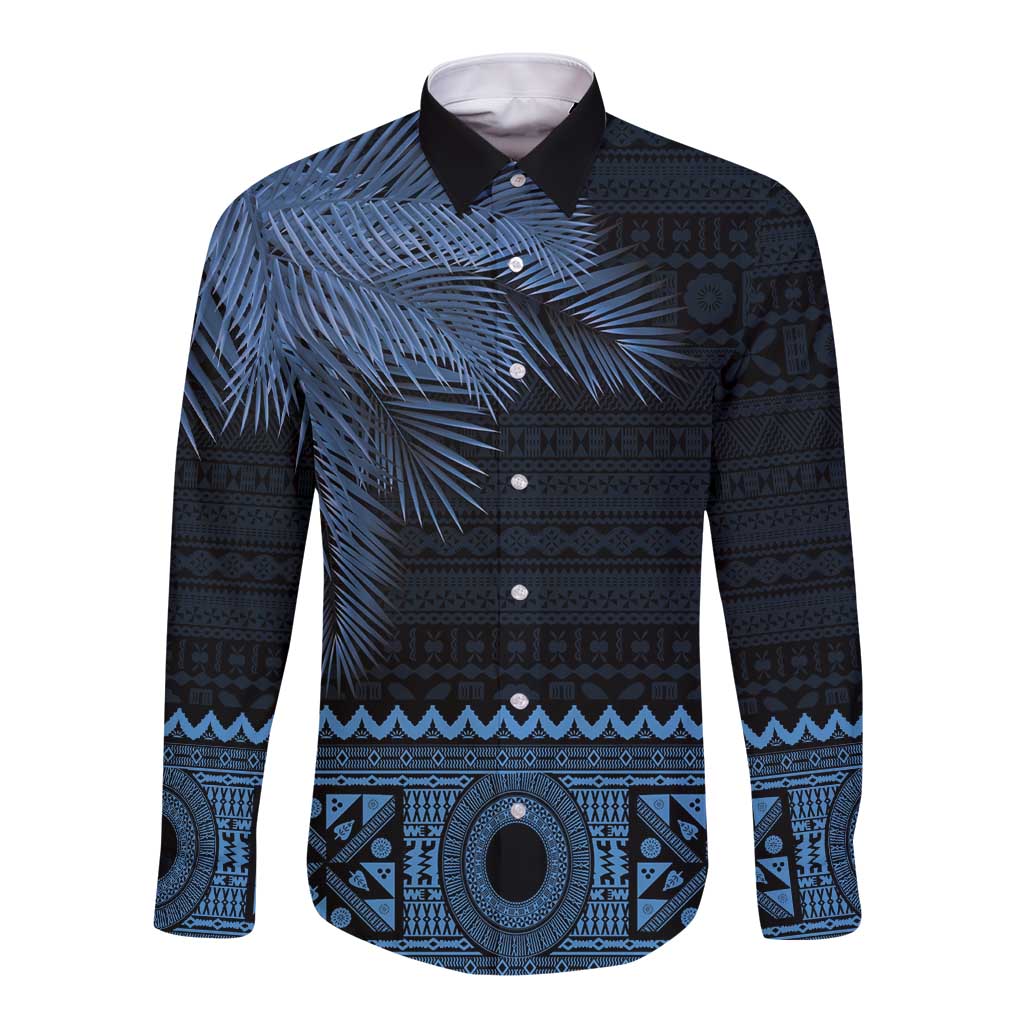 Fiji Palm Leaves Long Sleeve Button Shirt Masi and Tapa Tribal Pattern Blue Color