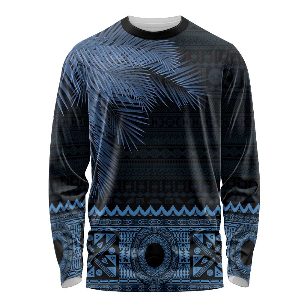 Fiji Palm Leaves Long Sleeve Shirt Masi and Tapa Tribal Pattern Blue Color