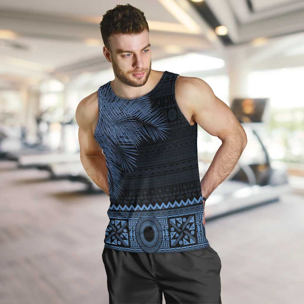 Fiji Palm Leaves Men Tank Top Masi and Tapa Tribal Pattern Blue Color