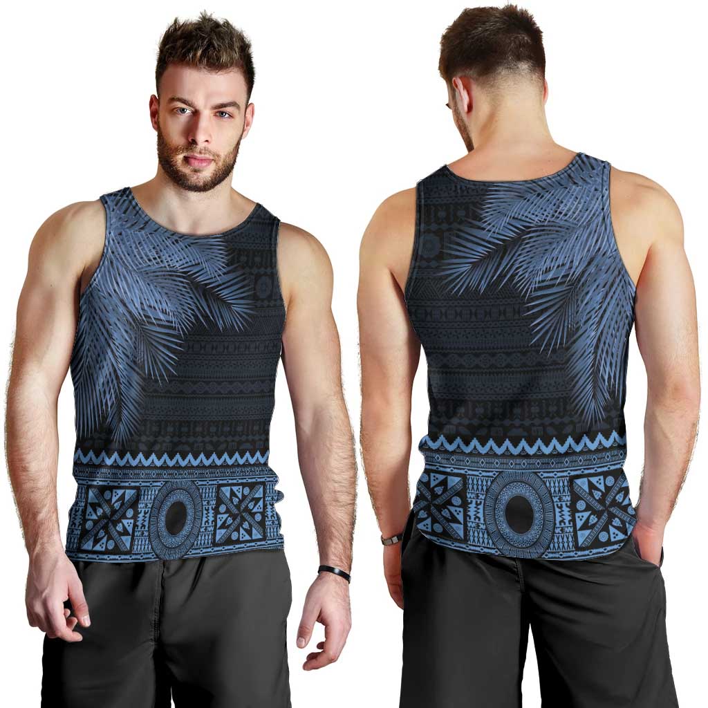 Fiji Palm Leaves Men Tank Top Masi and Tapa Tribal Pattern Blue Color