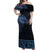 Fiji Palm Leaves Off Shoulder Maxi Dress Masi and Tapa Tribal Pattern Blue Color