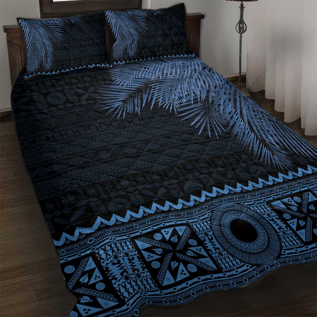 Fiji Palm Leaves Quilt Bed Set Masi and Tapa Tribal Pattern Blue Color