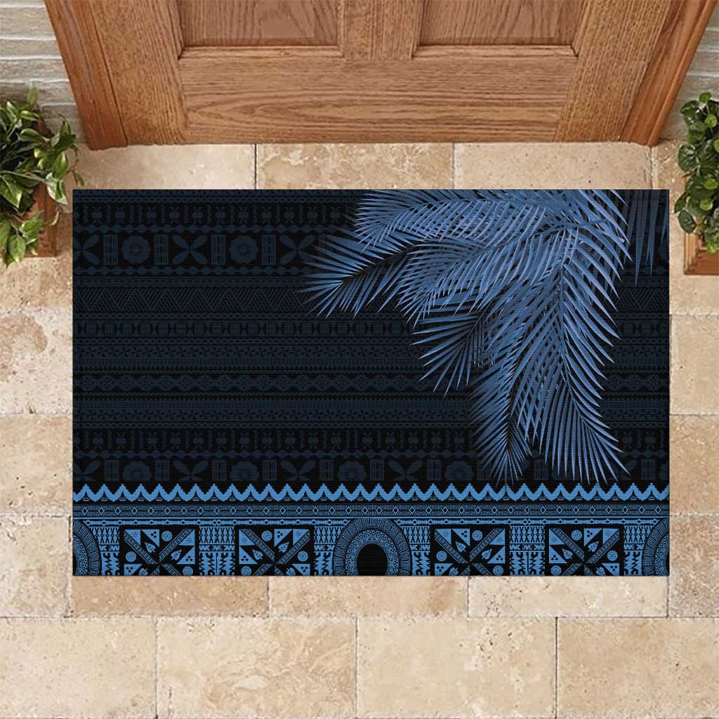 Fiji Palm Leaves Rubber Doormat Masi and Tapa Tribal Pattern Blue Color