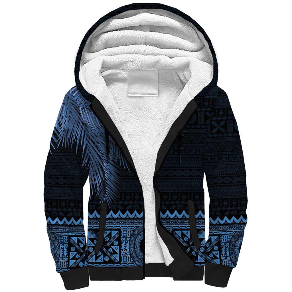 Fiji Palm Leaves Sherpa Hoodie Masi and Tapa Tribal Pattern Blue Color