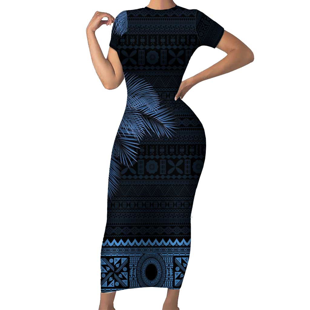 Fiji Palm Leaves Short Sleeve Bodycon Dress Masi and Tapa Tribal Pattern Blue Color