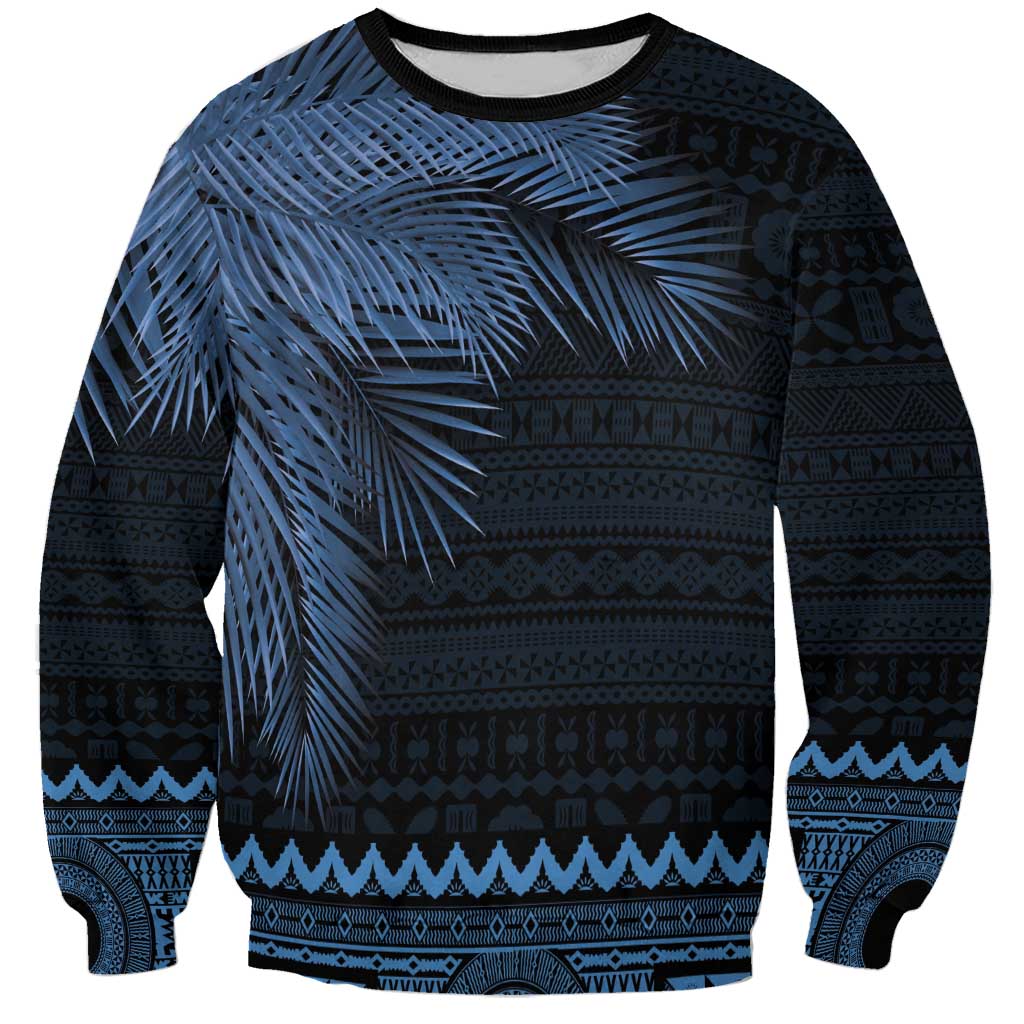 Fiji Palm Leaves Sweatshirt Masi and Tapa Tribal Pattern Blue Color