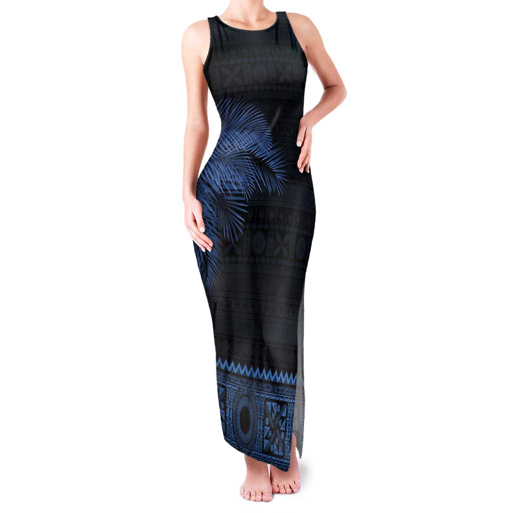 Fiji Palm Leaves Tank Maxi Dress Masi and Tapa Tribal Pattern Blue Color