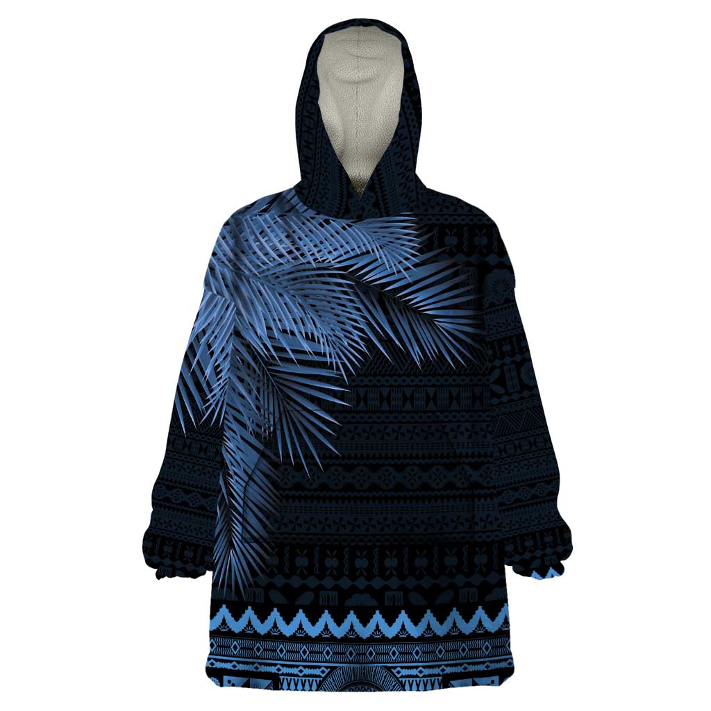 Fiji Palm Leaves Wearable Blanket Hoodie Masi and Tapa Tribal Pattern Blue Color