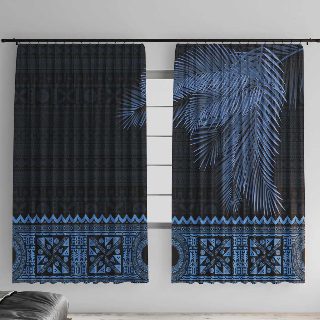 Fiji Palm Leaves Window Curtain Masi and Tapa Tribal Pattern Blue Color