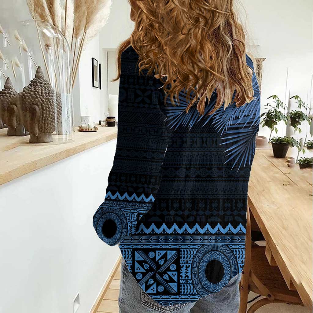 Fiji Palm Leaves Women Casual Shirt Masi and Tapa Tribal Pattern Blue Color