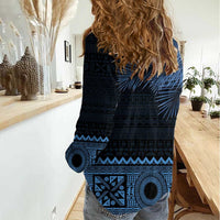 Fiji Palm Leaves Women Casual Shirt Masi and Tapa Tribal Pattern Blue Color