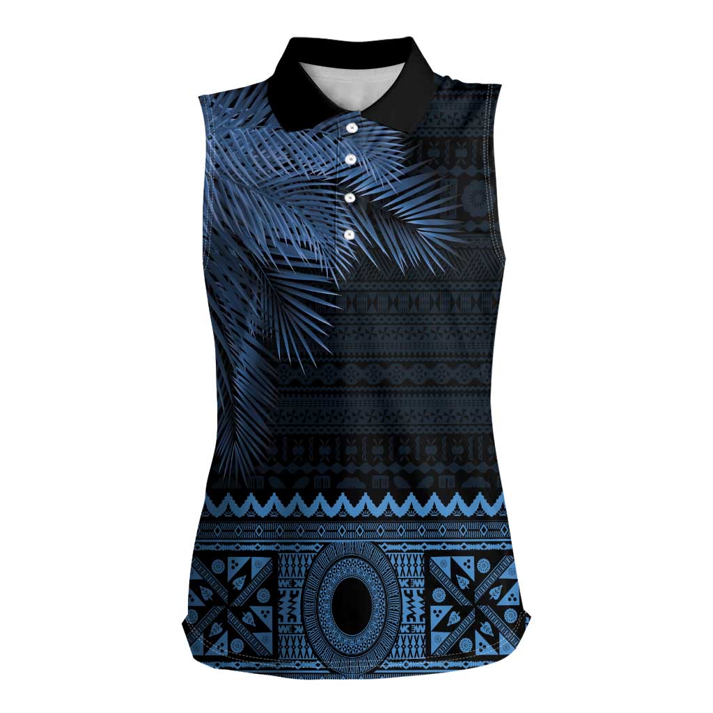 Fiji Palm Leaves Women Sleeveless Polo Shirt Masi and Tapa Tribal Pattern Blue Color