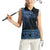 Fiji Palm Leaves Women Sleeveless Polo Shirt Masi and Tapa Tribal Pattern Blue Color