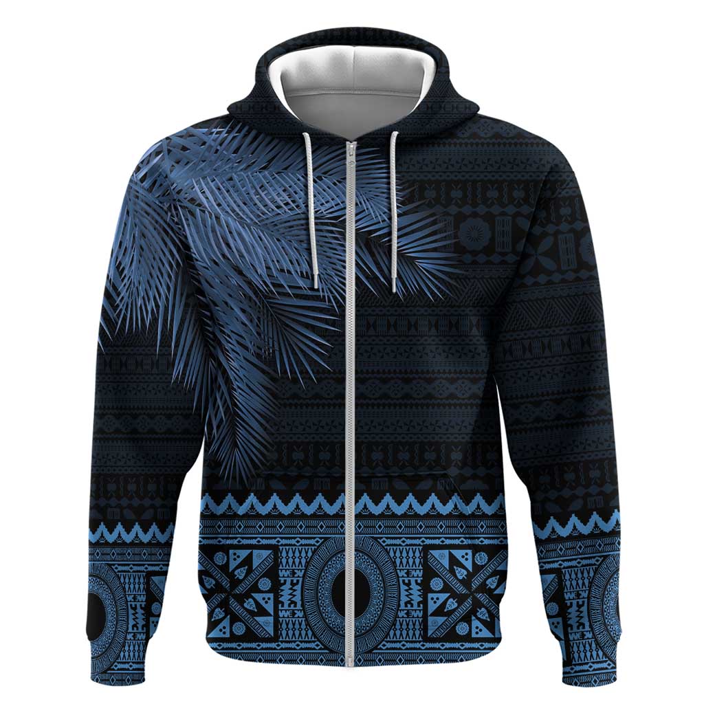 Fiji Palm Leaves Zip Hoodie Masi and Tapa Tribal Pattern Blue Color