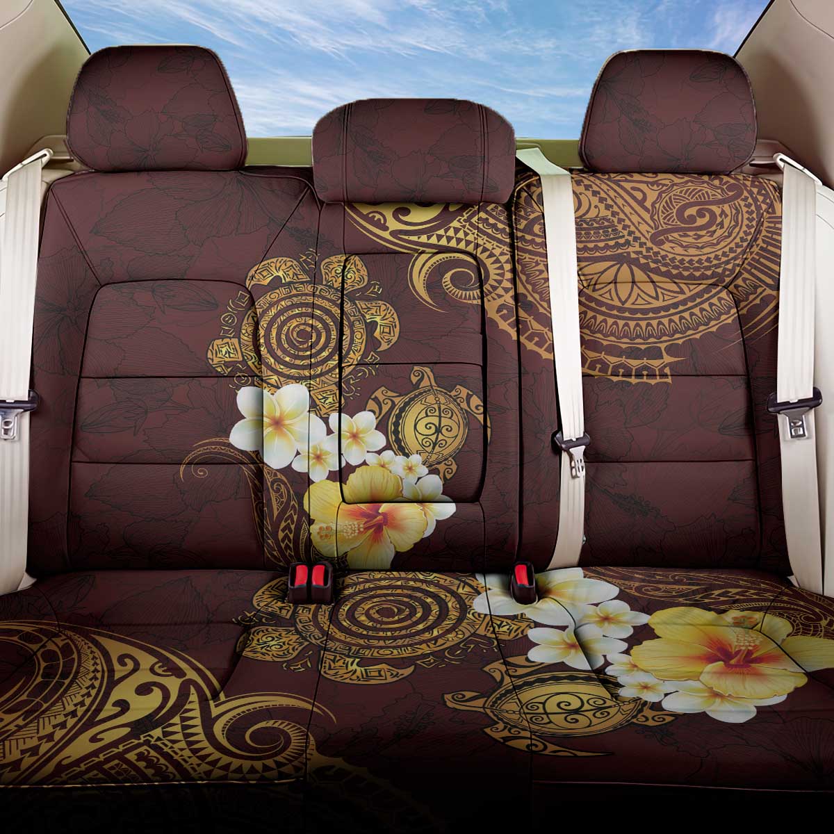 Polynesian Turtle Back Car Seat Cover Plumeria Hibiscus Pattern Oxblood