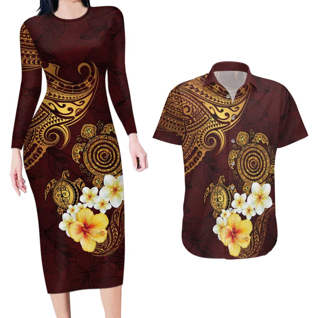 Polynesian Turtle Couples Matching Long Sleeve Bodycon Dress and Hawaiian Shirt Plumeria Hibiscus Pattern Oxblood