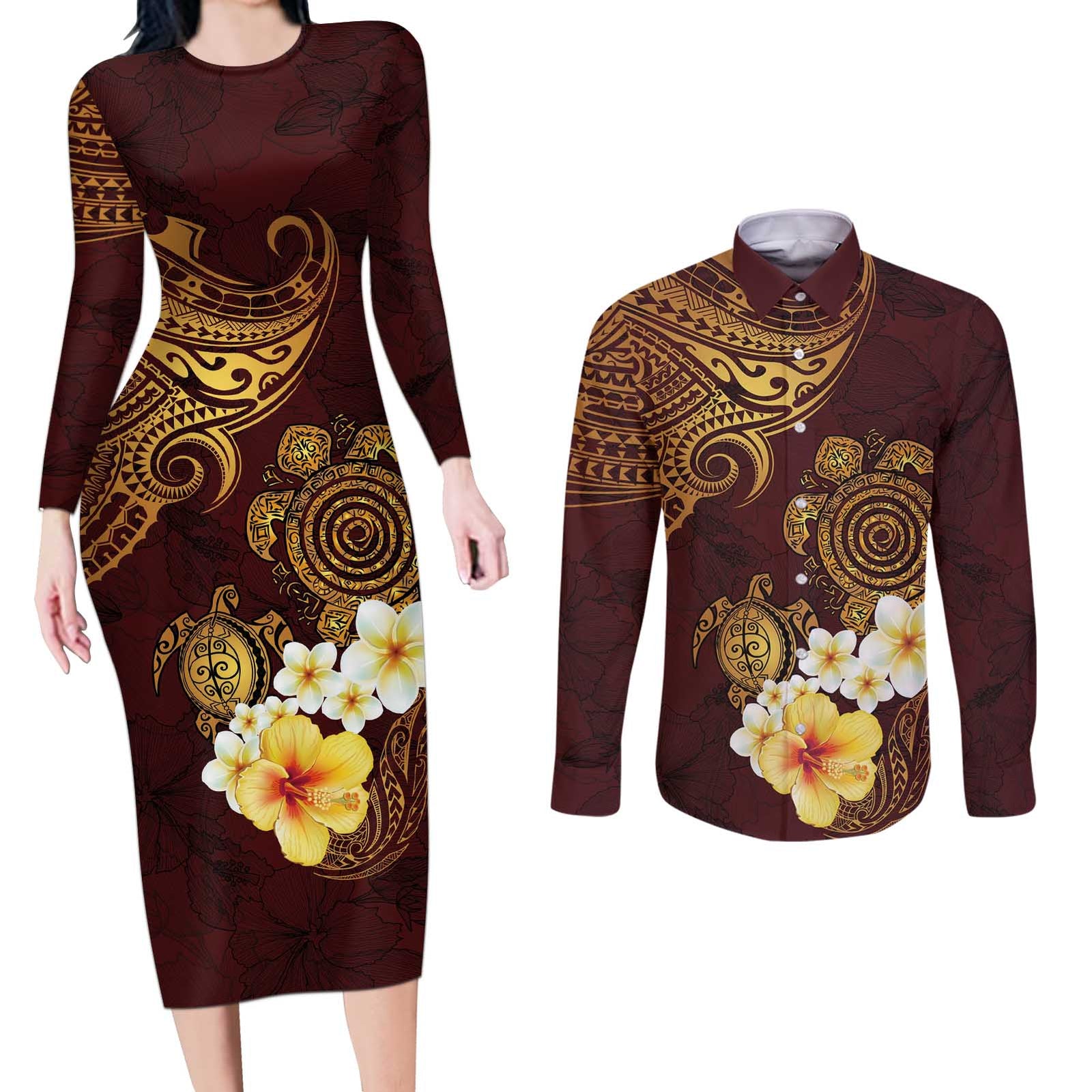 Polynesian Turtle Couples Matching Long Sleeve Bodycon Dress and Long Sleeve Button Shirt Plumeria Hibiscus Pattern Oxblood LT03 Oxblood - Polynesian Pride