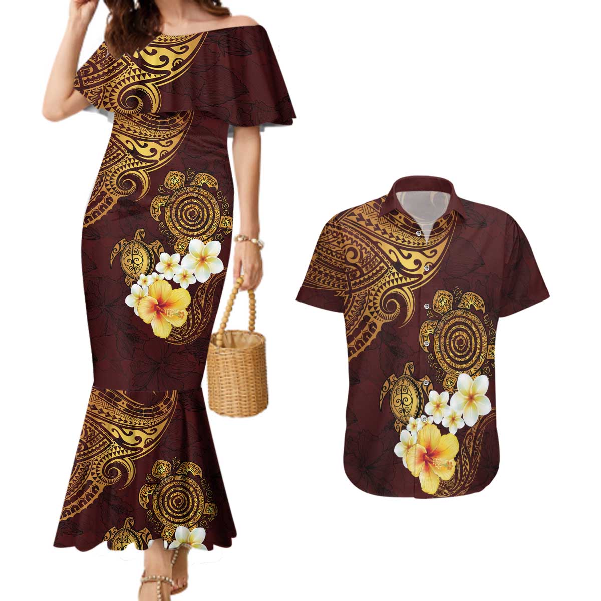 Polynesian Turtle Couples Matching Mermaid Dress and Hawaiian Shirt Plumeria Hibiscus Pattern Oxblood