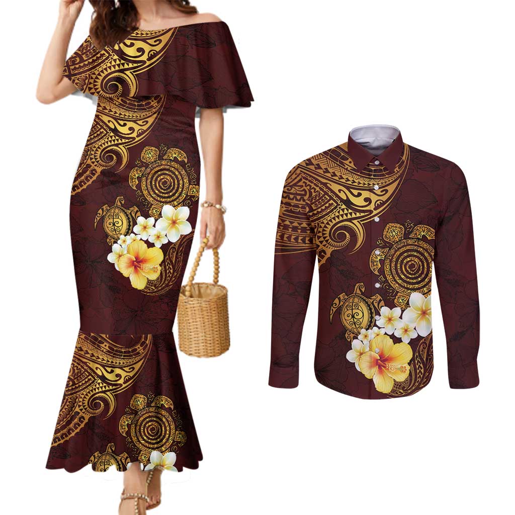 Polynesian Turtle Couples Matching Mermaid Dress and Long Sleeve Button Shirt Plumeria Hibiscus Pattern Oxblood LT03 Oxblood - Polynesian Pride
