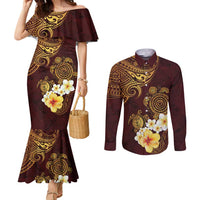Polynesian Turtle Couples Matching Mermaid Dress and Long Sleeve Button Shirt Plumeria Hibiscus Pattern Oxblood LT03 Oxblood - Polynesian Pride